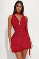 Detail of red chiffon halter dress with deep V-neck, draped waist and tiered ruffle hemline - S / Red