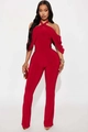 Macro shot of burgundy criss-cross halter neckline and cold-shoulder detail on jumpsuit - S / Red