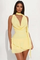 Detailed view of yellow deep V-neck dress with layered ruffles and halter scarf neck - S / Yellow