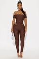 Dark brown off-shoulder jumpsuit with side waist cutouts and high elasticity fabric - S / Coffee