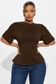 Schmal geschnittenes dunkelbraunes Rundhals Kurzarm T-Shirt aus mattem Baumwollstoff - S / Kaffeebraun
