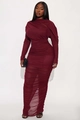 Elegantes weinrotes Maxikleid mit Raffung, langen Ärmeln und hohem Kragendetail - S / Burgunderrot