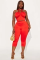 Detail of red halter neck crop top and matching high-waist tight cropped leggings set - S / Red