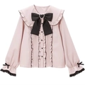 Detail of pink long sleeve shirt with large black bow and heart pearl button accent - S / Long Sleeve / Pink