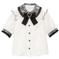 Detail of white shirt collar with black lace, bow, and heart pearl accessory - S / T-Shirts / White