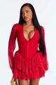 Vestido corto rojo con cuello en V, cintura tipo corsé y falda de capas rizadas - S / Rojo