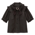Detail of black lace collar with heart pearl bow and heart-shaped buttons on the shirt - S / T-Shirts / Black