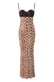 Schmales Maxikleid mit Leopardenmuster, schwarzer Spitze und dünnen Trägern - S / Leopardenmuster