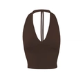 Dettaglio del top yoga marrone scuro con scollo all'americana a V e tessuto elastico morbido - S / Top (Canotta) / Marrone Scuro