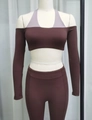 Detail view of two-piece yoga set with off-shoulder long sleeve top and high waist pants - S / Fig / Mocha Top