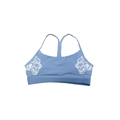 Detail view of smog blue sports bra featuring Y-back straps and white wolf head print - S / Sky Blue Double Wolf Head / Sky Blue
