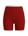 Detail der burgunderroten Radlerhose mit hoher Taille, V-Naht und Kontrastbund - S / Rote Sportshorts mit Hoher Taille