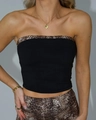Detail eines schwarzen Tube-Tops mit Leopardenprint und hochelastischem Rippstrick - S / Oberteile / Schwarz mit Leopard