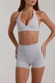 Dettaglio completo del set yoga grigio con bordo rosa e trama in maglia ad alta elasticità - Taglia S / Stile Reggiseno Grigio