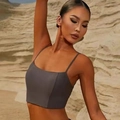 Women's dark coffee brown minimalist yoga bra with slim straps for fitness training - S / Tops / Graphite