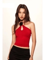 Sujetador deportivo rojo halter con abertura frontal y detalle de flor 3D negra - S / Rojo Otoñal