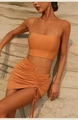 Two-piece orange sports yoga set with strapless tank top and drawstring mini skirt - S / Tops / Sunflower Yellow