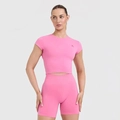 Pink high-elastic yoga top detail showing the breathable fabric and slim fit design - S / Peach (Peach Top And Peach Shorts)