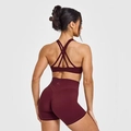 Detailed back view of burgundy cross-strap yoga bra and high-waist fitness shorts - S / Burgundy