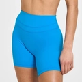 Detailansicht der hellblauen Sport-Shorts mit hoher Taille und nahtlosem Kompressionsbund - S / Unterteile / Dunkelblau