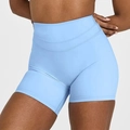 Detailansicht der hellblauen High-Waist Yoga-Shorts mit breitem Bauchkontroll-Bund - S / Unterteile / Breeze Blau