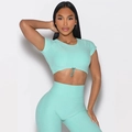 Ensemble de yoga vert menthe pour femme avec haut à cordon et legging taille haute - Haut Vert Menthe Et Short