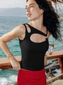 Detail of black ribbed knit sports vest featuring asymmetric neck cutout design - S / Black