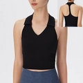 Camiseta de yoga negra para mujer con cuello en V tipo polo, espalda nadadora y copas - S / Negro