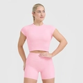 Slim fit bright pink yoga set with short sleeve crop top and high waist sports shorts - S / Pink (Pink Top And Pink Shorts)