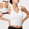 White polo neck sports bra with deep V-neck and racerback detail for women - White