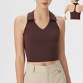 Chaleco de yoga marrón oscuro con cuello polo y diseño deportivo de espalda cruzada - S / Marrón Oscuro