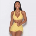 Set yoga giallo 2 pezzi con reggiseno sportivo allacciato al collo e pantaloncini - S / Reggiseno sportivo / Giallo