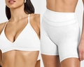 White yoga set with V-neck sports bra and high-waisted shorts for fitness activities - White Zirconia Set
