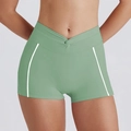 Detail of high-waist light green yoga shorts with V-shaped waistband and white stripes - Light Green Fitness Shorts