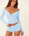 Detail of light blue yoga set featuring a cross V-neck long sleeve top and high waist shorts - S / Set / Sky Blue