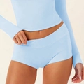 Close-up of light blue high-waisted fitness shorts and long-sleeve yoga top fabric detail - S / Sky Blue Shorts