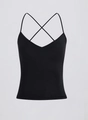 Dettaglio del reggiseno sportivo nero con sottili spalline incrociate e scollo a V profondo - S / Nero