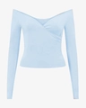Close-up of light blue off-shoulder yoga top with crossover neckline and built-in pads - S / Sky Blue Top