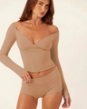 Detail of camel yoga set featuring long sleeve wrap top and matching fitted shorts - S / Set / Khaki