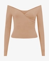 Detail of cross V-neck long sleeve yoga top with side ruching in beige color - S / Khaki Top