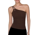 Detail des dunkelbraunen One-Shoulder-Yoga-Tops mit eleganter Ringschnalle und Rippstruktur - S / Dunkelbraun