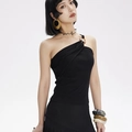 Schickes schwarzes One-Shoulder Yoga-Weste mit Bronzering und Strickstruktur-Stoff - S / Schwarzes Oberteil