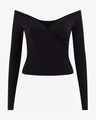 Slim fit black long sleeve yoga top featuring an off-shoulder crisscross neck and side pleats - S / Tops / Black
