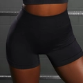 Detail of high-waist seamless black yoga shorts with textured compression waistband - S / Shorts / Black
