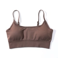 Detail of coffee brown sports bra with adjustable straps and ribbed hem for yoga - S / Camisole Bra / Tan