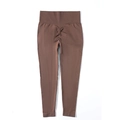 Detail of high waisted scrunch butt yoga leggings in deep chocolate brown seamless fabric - S / Pants / Tan