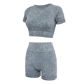 Detail of acid wash seamless yoga set showing ribbed waistband and sleeve textures - S / Gray