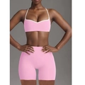 Women's high elastic pink yoga set with V-neck sports bra and high waist shorts - S / Short Style Top And Bottom / Nude Pink