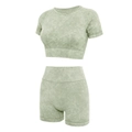 Detailed macro view of green acid-wash yoga set with ribbed waistband and soft fabric - S / Light Green