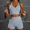 Seamless yoga set with V-neck sports bra and high-waist shorts in light grey blue - S / Light Blue Zircon